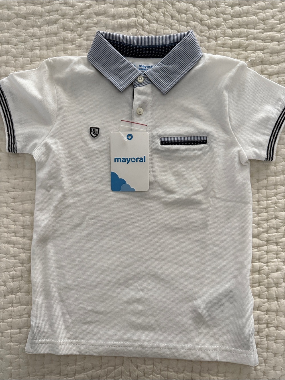 Mayoral White Polo Shirt with Navy Trim and Collar Detail